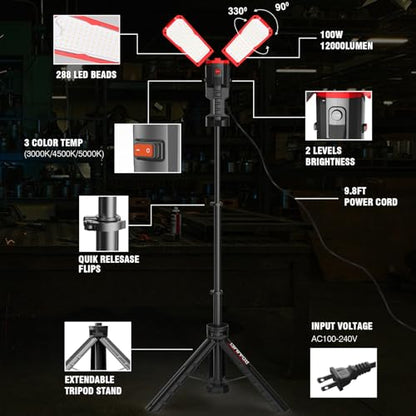 12000 Lumen 100W LED Work Light with Telescoping Tripod, Foldable Portable Corded Job Site Lighting, 288 LED Super Bright 3CCT 3000K/4500K/5000K Dual-Head Work Light with Stand