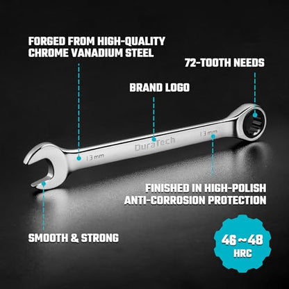 DURATECH 12-Piece Ratcheting Combination Wrench Set, Metric, 8-19mm | 72-Tooth, CR-V Steel, Organized in Storage Case