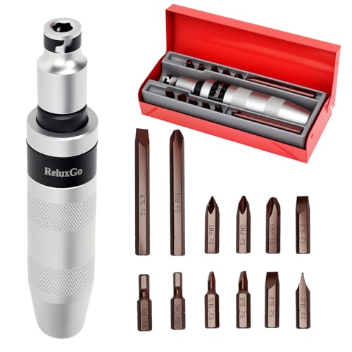ReluxGo 1/2" Hand Manual Impact Driver, Manual Reversible Impact Hammer Screwdriver Set Includes 12-Piece Slotted, Phillips, Hexagonal Bit Set, for Removing Rusted Fasteners or Frozen Bolts