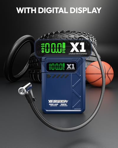 YESPER Jump Starter with Air Compressor 2000A 150PSI Battery Jumper Starter Portable(8L Gas/6L Diesel), 12V Car Jump Pack Battery Charger Jump Box with Jumper Cables, LCD Display, Lights(Blue) - color: Blue