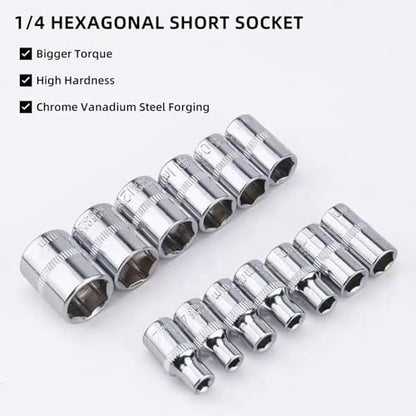 YWHWXB 1/4 Inch Ratchet Socket Wrench Set, Metric Socket Set with Quick Release Reversible Ratchet Wrench and Extension Bar, Metric SAE Mechanic Tool Kit,12 Pcs - size: Small
