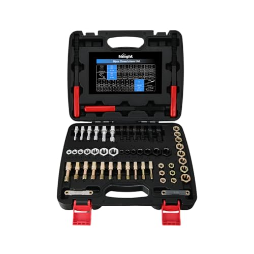 Nilight 56PCS Thread Chaser Set SAE Metric Master Thread Repair Kit with Case 23 Taps 28 Dies 3 Files 2 Gauge Universal UNC UNF Sizes Automotive Tool for Mechanics Auto Shop Home Garage Repair - size: 56PCS Metric & SAE