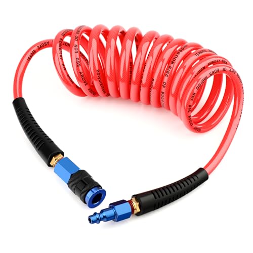 1/4" x 10 ft Reinforced Polyurethane Air Hose with Bend Restrictor, Includes 1/4" Industrial Quick Coupler & I/M Plug Kit, for Air Compressors, Red - color: Red, size: 1/4" x 10 ft