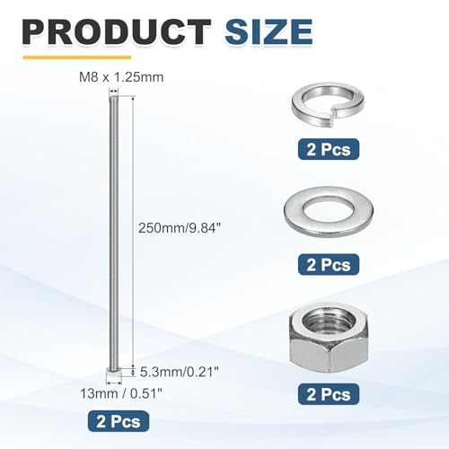 MECCANIXITY M8 x 250mm 304 Stainless Steel Hex Head Screws Bolts, Nuts, Flat & Lock Washers Assortment Kit, Fully Threaded, Bright Finish for Home, Electronic, Machine, 2 Sets - size: M8 x 250mm