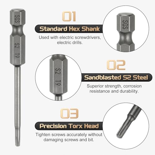 HARFINGTON 3pcs T9 Torx Head Screwdriver Bit 1/4" Hex Shank 2.6" (65mm) Long Magnetic No Hole Tip Tamper Proof 6 Point Star Screw Driver Drill Bits S2 Steel Industrial Power Screwdrivers - size: T9 x 2.6"(65mm)
