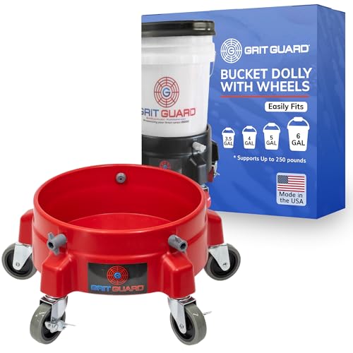 Grit Guard Bucket Dolly with Wheels - Rolling Detailing Wash Bucket with 5 Wheels and 2 Locking Casters Compatible with 2.5, 4, 5 and 6 Gallon Buckets (Red, 3" Grey Casters) - Made in the USA - color: Red, size: 3" Grey Casters