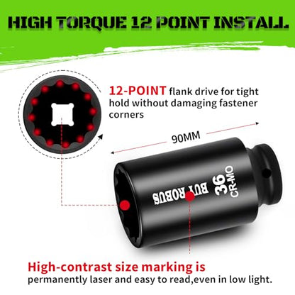 1/2 Drive Deep Axle Nut Impact Socket Set,12 Point Socket Set Metric, CR-MO, 30mm, 32mm, 34mm, 36mm, 4-Piece 1/2" Heavy Duty Socket Set (12 point can also be used at 6 point) - size: 12 Point 4Pcs 1/2" Metric Impact Socket Set