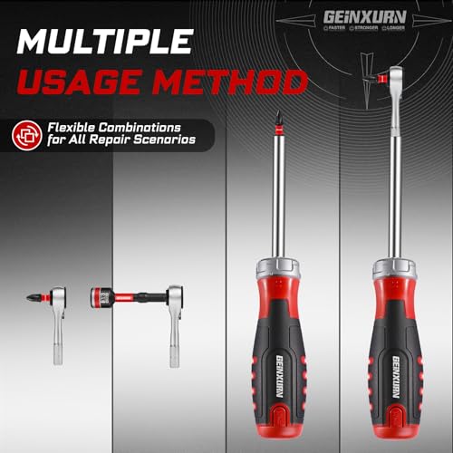 Geinxurn 19 Pieces Ratcheting Screwdriver Set and Socket Wrench Set, Mini Rachet Wrench, Rachet Screwdriver Handle and Nut Driver with 12 Pcs Impact Screwdriver Bit, Hand Tools Set for Repair DIY - style: RM019-B-US