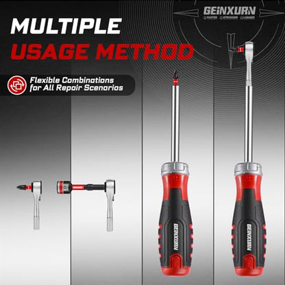 Geinxurn 19 Pieces Ratcheting Screwdriver Set and Socket Wrench Set, Mini Rachet Wrench, Rachet Screwdriver Handle and Nut Driver with 12 Pcs Impact Screwdriver Bit, Hand Tools Set for Repair DIY - style: RM019-B-US
