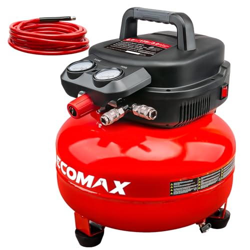 ECOMAX 6 Gal Pancake Air Compressor 175PSI, 3 CFM @ 90 PSI w/25 FT Air Hose | Oil-Free Pump, Dual Quick Couplers, 1.5HP Compressor for Air Tools, Car Tires, Garage & Shop - style: Air Hose