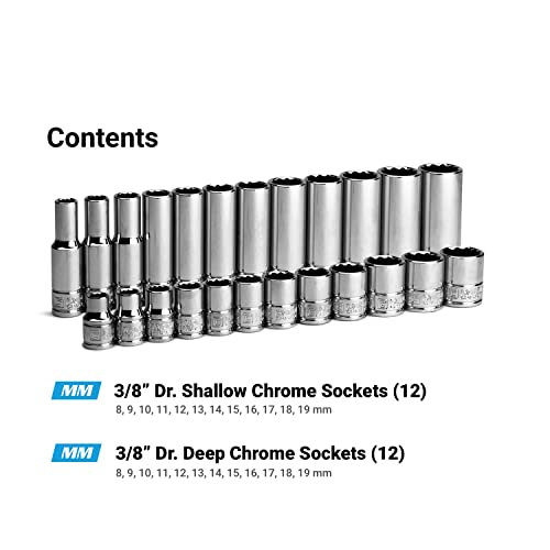Capri Tools 3/8 in. Drive 12-Point Shallow and Deep Socket Set, Metric, 8 to 19 mm, 24-Piece - size: Shallow and Deep Set / 8-19 mm