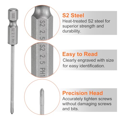 HARFINGTON 5pcs #1 Phillips Screwdriver Bit PH1 1/4" Hex Shank 3.15" (80mm) Long Magnetic S2 Steel Industrial Grade Screw Driver Bit Cross Head Electric Drill Bits 0.098" (2.5mm) Rod - size: PH1 x 80mm x 2.5mm