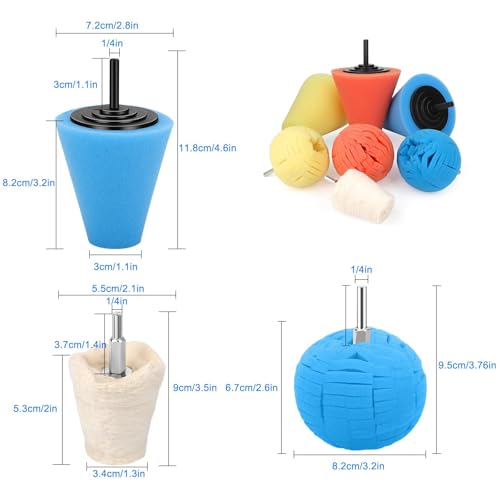 Linkstyle 7PCS Car Wheel Hub Drill Buffing Sponge Pads Kit, 1/4" Cone Metal Buffer Pads Polishing Kit Foam Polishing Balls Wheel Polishing Kit for Drills