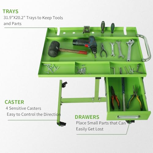 Rolling Tool Tray,220lbs Capacity Tear Down Work Table with Drawers,Rolling Work Table for Garage, Shop, DIY(Green)