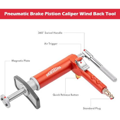 Pneumatic Brake Caliper Compression Tool Kit, Air Operated Disc Brake Piston Wind Back Rewind Tool Set for Automotive Maintenance and Repair