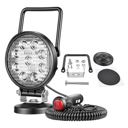 Magnetic Led Work Light 12V, SKYWORLD 1PCS 4 Inch 27W Round Flood Off Road Driving Fog Lamp, Portable Magnetic Base Holder for Car SUV Trailer Tractor Truck Engineering Maintenance Garage Camping - size: 4 Inch 27W Flood