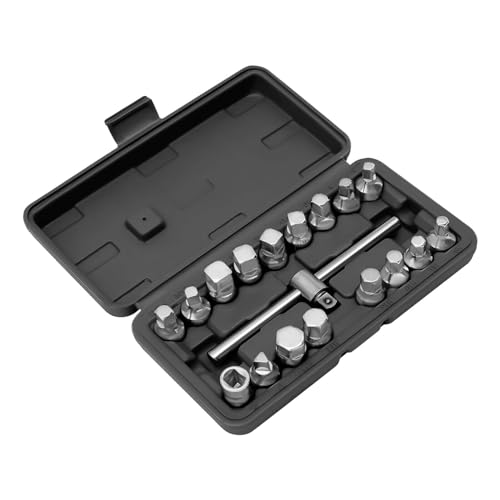 18pcs Oil Drain Pipe Plug Hexagon Square Socket Key Removal Tool Set 3/8'' Drive