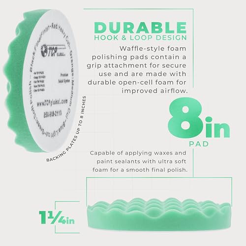 TCP Global 8" Green Waffle Foam Buffing Pad Hook and Loop Backing - Final Cut Pad for Polishing, Automotive, Marine, Truck, RV & Compound Cutting, Car Polishing Pads - color: Green
