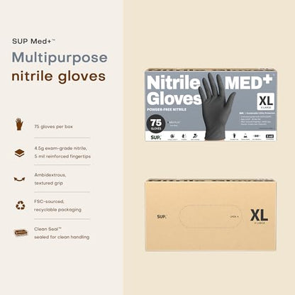SUP MED+ Black Nitrile Exam Gloves, 5 Mil Disposable Gloves Latex & Powder-Free Medical Food Safe Cooking Glove, 75 or 750 Ct - color: X-large (Black 1000)