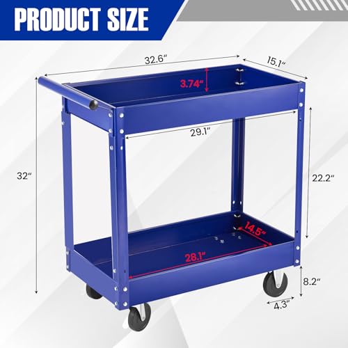 2 Tier Rolling Tool Cart,330 LBS Metal Heavy Duty Utility Cart On Wheels,2 Shelf Steel Utility Cart, Tool Storage Organizer for Mechanic, Garage, Workshop, Warehouse & Repair Shop