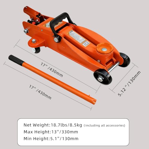 Low Profile Hydraulic Floor Jack, 2 Ton, 5-1/8"-13" Lift | 4000LB Capacity, Overload Safety Valve, Swivel Casters, Heavy-Duty Steel, For Sedans, SUVs Trucks