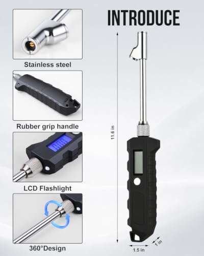 Digital Tire Pressure Gauge, Heavy Duty Stainless Steel Dual Head Tire Gauge 0-230 PSI with Flashlight & Backlit LCD, Car Accessories for RV Truck & Cars, 1 Pack