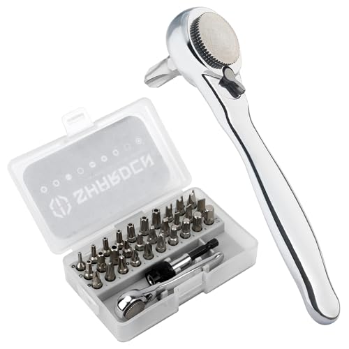 SHARDEN 32 in 1 Ratchet Screwdriver Bit Set with Right Angle Offset 1/4" High Torque Driver Handle, Socket Adapter, Extension Bit Holder, S2 Multi Bits for Ratchet Wrench, Screwdriver