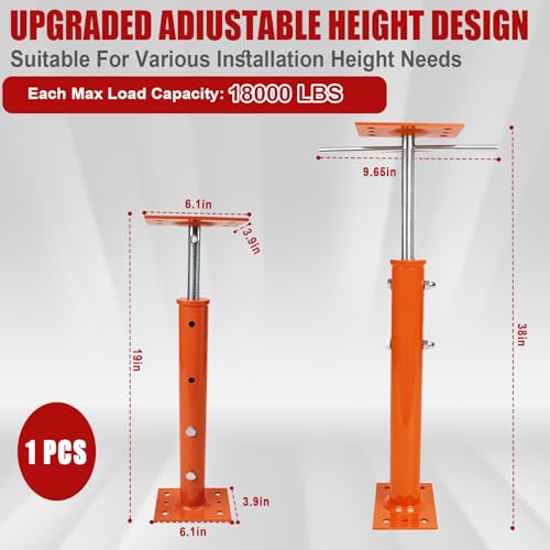 1 Pack 19-38 in Adjustable House Floor Jack, Steel, 11,000 lb Capacity | Built-In Rod Screw Floor Jack Post Adjusts Without Tools for Temporary Beam, Joist, Floor and Crawl Space Support - size: 1P 19-38 inch