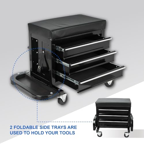 ZeHuoGe 3 Drawer Tool Chest, Rolling Mechanic Seat with Tool Trays, 2-In-1 Tool Chest, 350lbs Max Weight Capacity