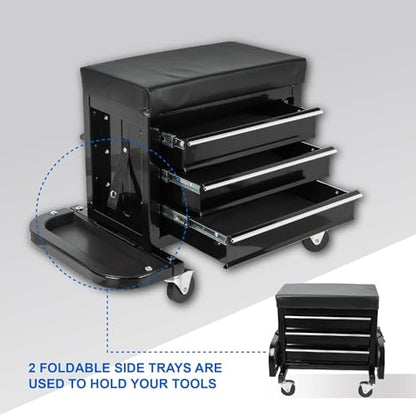 ZeHuoGe 3 Drawer Tool Chest, Rolling Mechanic Seat with Tool Trays, 2-In-1 Tool Chest, 350lbs Max Weight Capacity