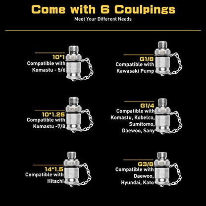 Hydraulic Pressure Test Kit 250/400/600bar, Hydraulic Test Gauge Kit with 6 Couplings, 3 Test Hoses, 3 Pressure Gauges - size: 13PCS - 3Guages