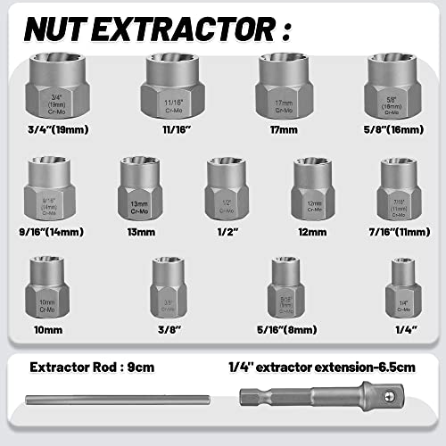 15-Pcs Bolt Extractor Set 3/8'' Drive Easy Out Bolt Extractor Set | Stripped Bolt Remover Nut Extractor Set for Damaged, Frozen, Rusted Sockets, Rounded-Off Bolts, Nuts & Screws - size: 15Pcs