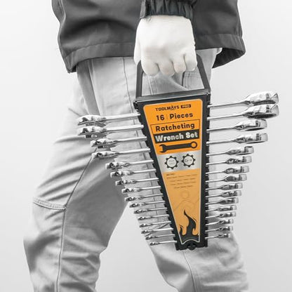 16-Piece Ratcheting Wrench Set, Combination Wrench Set, with Organizer, MM/Metric Max 120-tooth Chromium Vanadium Combination Wrench