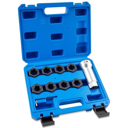 Marvelity 10-Piece Axle Spindle Thread Chaser Set | Includes 8 Dies & 1-1/16" Extension Bar, 8 Common Sizes M20 M22 M24, 13/16" 3/4" UNEF Nuts, for Most Vehicle Axle Spindles