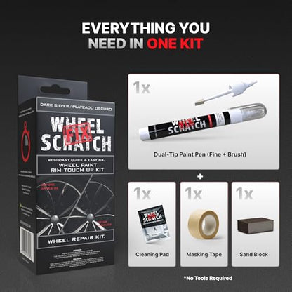 Wheel Scratch Fix® Dark Silver Touch Up Paint for Cars - DIY Alloy Wheel Repair Kit, Curb Rash Remover with Fast-Drying Pen - Long-Lasting OEM Finish Car Rim Paint for Scuffs and Chips at Home (Dark Silver) - color: Silver - Dark - Kit