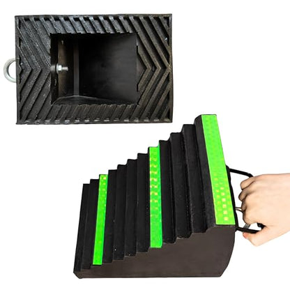 Heavy Duty 13 lb Rubber Wheel Chock with Spring Handle & Iron Ring, 3 Fluorescent Green Reflective Strips, Triangular Non-Slip for Trucks, RVs, Aircraft (Green 1 Pc) | Constructed from superior EPDM rubber, outperforming standard or recycled rubber. - col
