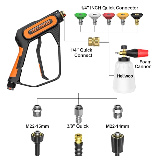 Short Pressure Washer Gun with Foam Cannon 5000 PSI, 1/4 Inch Quick Connector, with 5 Pressure Washer Nozzle Tips, 1 Liter - size: 3/8 quick connect