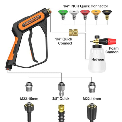 Short Pressure Washer Gun with Foam Cannon 5000 PSI, 1/4 Inch Quick Connector, with 5 Pressure Washer Nozzle Tips, 1 Liter - size: 3/8 quick connect