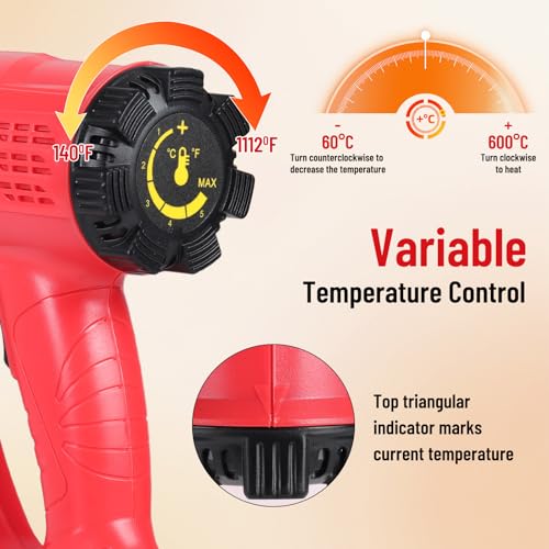 1800W Heat Gun for DIYers, Crafters & Electronics Repair – 140°F~1112°F Variable Temp, 1.5s Fast Heat, 5 Nozzles, 2 Scrapers, Overheat Protection, Hands-Free Stand | Shrink Tube, Resin, Vinyl Wrap - color: Red