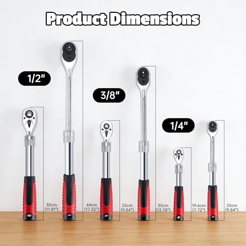 3-Piece Extendable Ratchet Wrench Set, 1/4", 3/8", 1/2" Drive, 72-Tooth Quick-Release Reversible Socket Wrench, Chrome-Plated & Polished, Heavy-Duty Mechanics Tool Set with Storage Tray