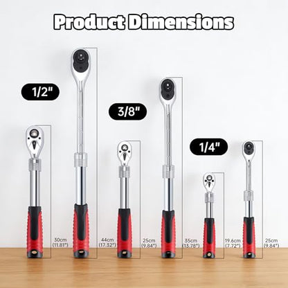 3-Piece Extendable Ratchet Wrench Set, 1/4", 3/8", 1/2" Drive, 72-Tooth Quick-Release Reversible Socket Wrench, Chrome-Plated & Polished, Heavy-Duty Mechanics Tool Set with Storage Tray