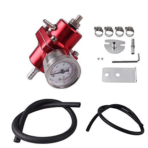 BARTOO Universal Adjustable Fuel Pressure Regulator Kit, Aluminum Fuel Regulator,Adjustable Gas Oil Injection Pressure Regulator with 0-140 PSI Gauge -Red - color: Red