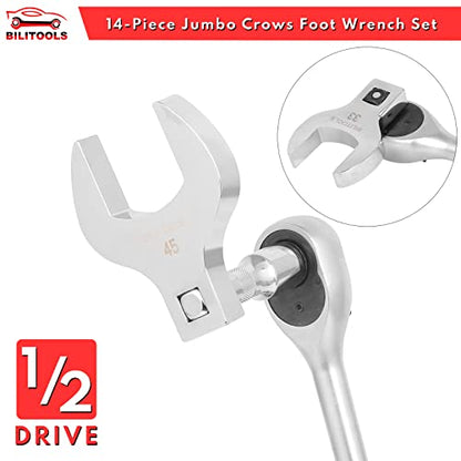 BILITOOLS 14-Piece Jumbo Crows Foot Wrench Set and Long Flex Head Crows Foot Line Wrench Set