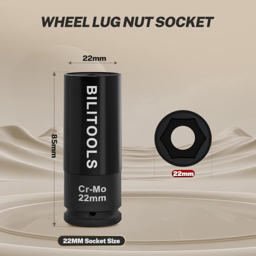 BILITOOLS 22mm Lug Nut Socket, 1/2" Drive Thin Wall Impact Socket | Non-Marring Sleeve, 6-Point Cr-Mo Wheel Socket for Tire Changes, Rims and Auto Repair - size: 22MM