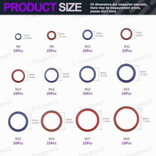 Swpeet 245Pcs 12Sizes 2Colors Self-Centred Dowty Seal Gasket O Ring Kit, Bonded Seal Washer NBR Metric Metal Oil Drain Plug Gasket Kit for Automotive M6 M8 M10 M12 M14 M16 M18 M20 M22 M24 M27 M30
