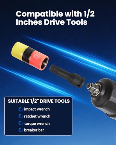 DPTOOL Lug Nut Socket Set 1/2" Drive Wheel Impact Flip Socket Set | with Metric 17 19 21 22 MM & SAE 3/4 13/16 7/8 15/16 in Sockets Non-Marring Thin Wall Lug Nut Removal Tool - size: SAE Metric 6PC