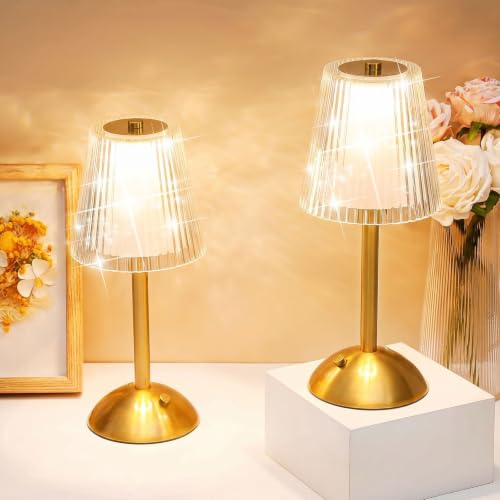 Liliful 2 Pcs Cordless Table Lamp Rechargeable Touch LED Small Gold Portable Battery Operated USB-c Desk Lamp 3 Color Dimmable for Bedroom Living Room Dining (Gold,Hollow Lined Style) - color: Hollow Lined Style, size: Gold