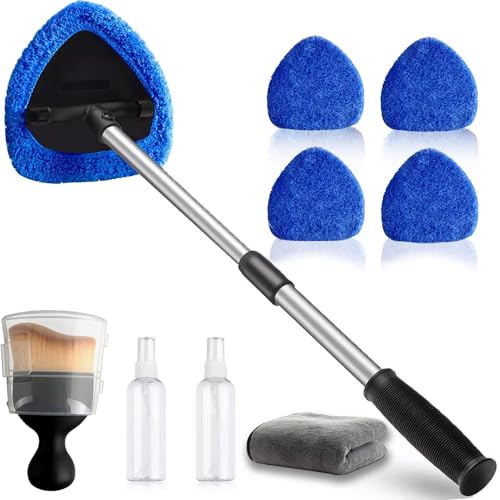 Car Windshield Cleaning Tools, Expandable Car Window Cleaner kit with 4 Reusable Microfiber Pads, 2 Spray Bottles, Windshield Cleaning Wand Tool, Auto Interior Dust Brush, for Trucks, SUVs, RVs etc - color: blue