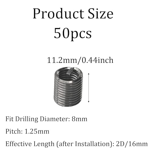 50PCS M8 x 1.25mm x 2D Wire Thread Inserts, 304 Stainless Steel Helical Coil Repair Kit, Metric Wire Sleeve for Stripped Threads in Metal Components - size: M8 x 1.25mm x 2D