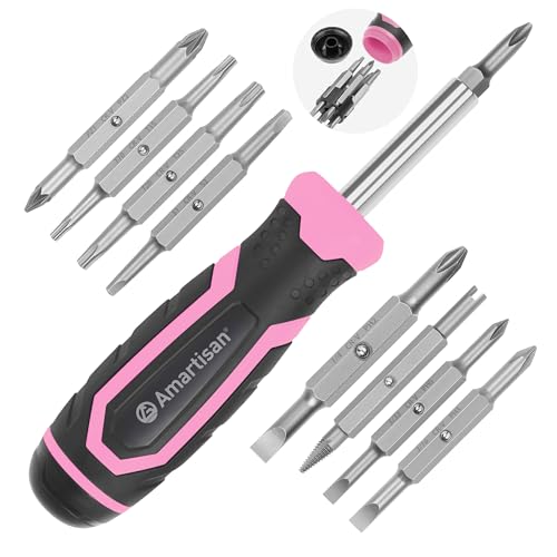Amartisan 18-in-1 Multi-bit Screwdriver Set Tool All in One, Portable Multi-Purpose Screwdriver, Slotted/Philips/Pozi/Torx/Square,Nut Driver (Pink) - color: Pink, size: 18-in-1 Multi-bit Screwdriver Set